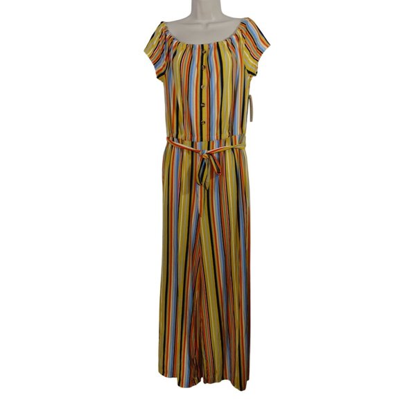 Eye Candy Multicolor Striped Off-Shoulder Jumpsuit Belted Size 1X Split Wide Leg - Picture 1 of 13